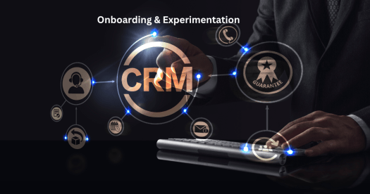 A close-up of a person's hand interacting with a keyboard, surrounded by digital icons representing CRM, customer support, and guarantees, with the text 'Onboarding & Experimentation' at the top.
